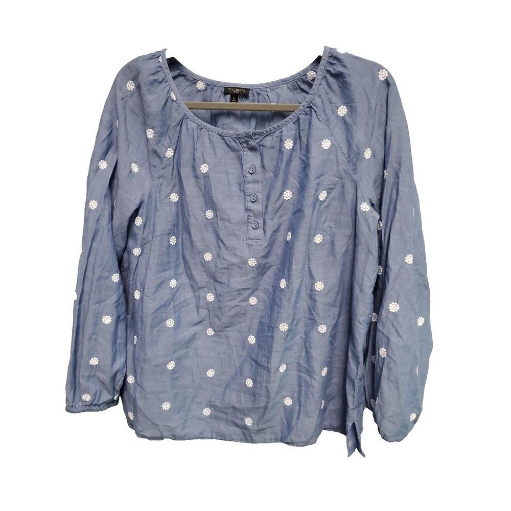 Talbots Women's L Petite Chambray‎ Popover Top Embroidered Daisy Long Sleeve